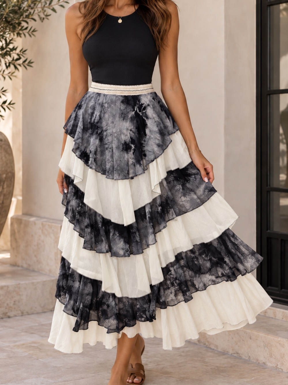 Tiered Ruffle Maxi Skirt in Gray Tie-Die and White